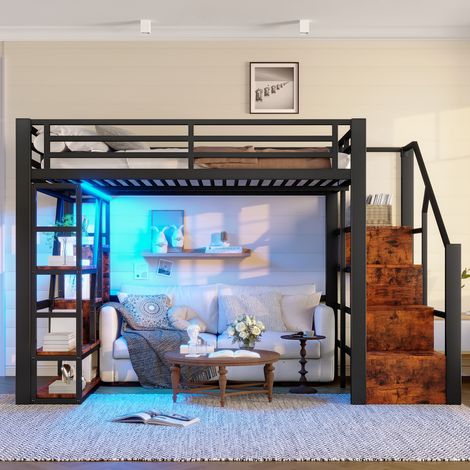 MEUBLIV Lit mezzanine 140x200 cm noir – rangement, LED et étagères, sans matelas (1/5)