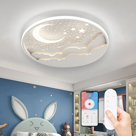 Plafonnier LED Chambre Enfant, Moderne Créative Étoile Et Lune Lampe De Plafond, Lampe Plafond avec Dimmable Télécommande 3000-6000K, Garçons Et Filles Chambre Enfants Lumière Éclairage, Blanc (1/5)