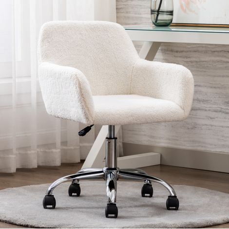 Chaise de bureau pivotante 360° réglable en hauteur fourrure synthétique blanche, 53x53x55 cm (1/5)