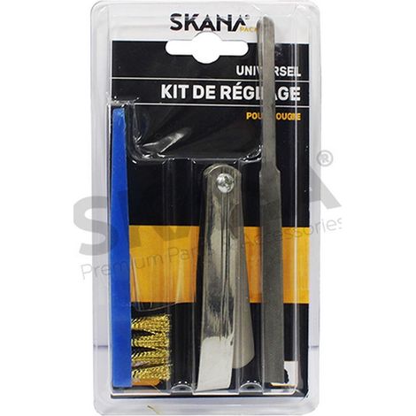 Kit di regolazione per candela di accensione. Comprende 1 set di spessori, 1 lima piatta e 1 spazzola di pulizia.