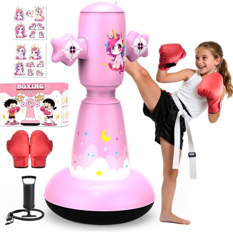 Sac de frappe pour enfant debout avec gants de boxe, 147 cm, en PVC ultra renforcé, sac de frappe, sur pied, cadeau pour garçons et filles âgés de 3 à 9 ans, pour karaté, taekwondo (1/5)