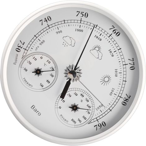 Thermomètre Baromètre Hygromètre 3 en 1 Toutes Saisons Tenture Murale Intérieur Extérieur Instrument Météo Précis Argent Blanc 130mm (1/5)