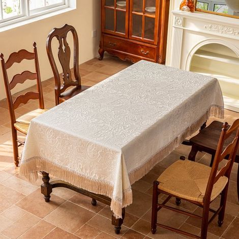 Nappe Vintage, Blanc Crème, 152x152cm, Design Français, Hydrofuge & Anti-Huile, Polyester Jacquard Rétro avec Pompons, pour Table à Manger (1/5)