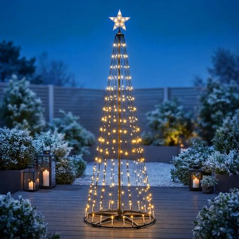 Lichterbaum mit Stern Spitze 210 cm für Außen mit Fernbedienung und Timer - 370 LED - Metall Weihnachtsbaum in schwarz warmweiß mit Lichteffekten