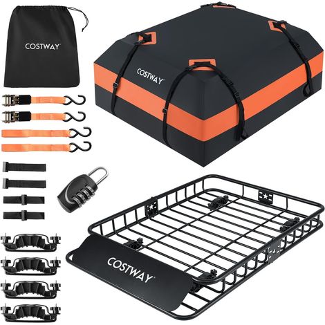 COSTWAY Portapacchi Auto da Tetto, Cestino Portapacchi da Tetto con Borsa per Bagagli e Cinghie a Cricchetto, Portata 90 kg, Barre Portatutto Universale per SUV, Camion, Berlina, 130 x 91 x 17 cm