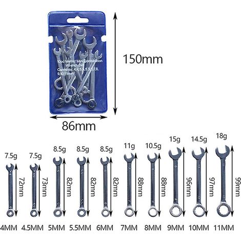 Jeu de 10 mini clés mixtes professionnelles de 4 à 11 mm (métriques). (1/4)