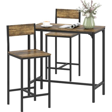 3-Piece Bar Table Set 2 Stools, Industrial Breakfast Bar Set Footrest, Backrest for Dining Room, Small Space (1/5)