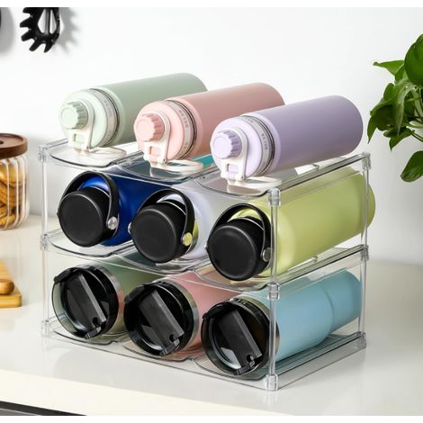 Organisateur de bouteilles d’eau transparent empilable à 3 niveaux, 9 emplacements, compartiments larges pour grands mugs isothermes, pour réfrigérateur, placard et plan de travail de cuisine (1/5)