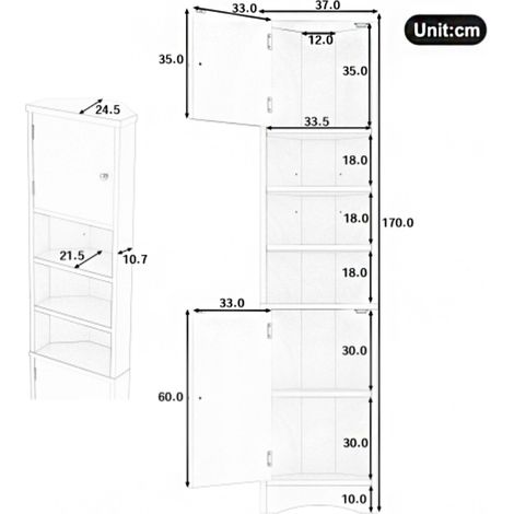 Meuble de salle de bain triangulaire 36,5 x 24,5 x 170 cm – Laqué, résistant à l'humidité, trois étagères ouvertes, double porte, étagères réglables – Gain de place optimal pour les coins (1/5)