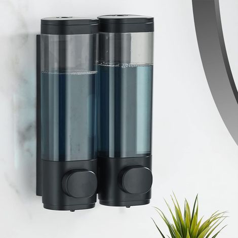 Shampoo- und Conditioner-Spender, 2-Kammer-Duschspender, kein Bohren erforderlich, wandmontierter Shampoo-Spender für das Badezimmer (Schwarz, 2 Kammern)