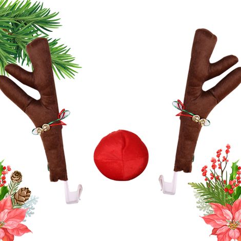 Hirsch-Autodekoration mit Nase und Glöckchen, lustige Weihnachtsdekoration, braun, 2-teiliges Set für Rückspiegel und Kühlergrill (1/5)
