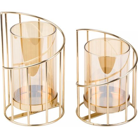 Ensemble de 2 chandeliers Lefipor, bougeoirs cylindriques dorés. Chandeliers décoratifs en métal pour salon et chambre. Bougeoir vintage original, vase en verre doré. Idéal pour les mariages et Noël. (1/4)