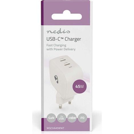 Nedis Netzladegerät / GaN / PD3.0 / 2.25 A / 3.0 A / Anzahl der Ausgänge: 2 / 2x USB-C™ / Automatische Spannungswahl / Weiss