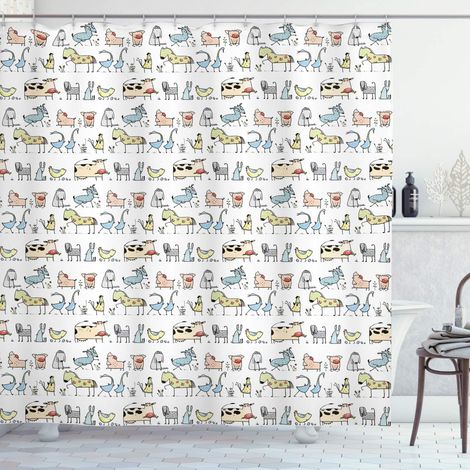 Filiyano-Rideau de douche vintage, motif amusant de village de dessin animé avec vaches, chèvres, oies et moutons, ensemble de décoration de salle de (1/4)