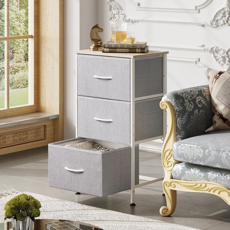 Commode à 3 tiroirs en tissu, idéale pour la chambre ou le salon, avec une structure robuste en acier et un plateau en bois, gris clair. (1/5)