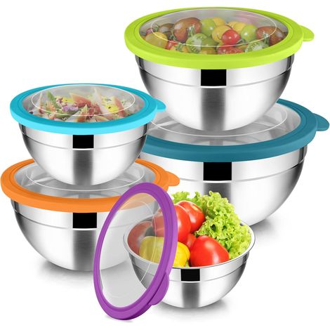 Lot de 5 bols à mélanger en acier inoxydable avec couvercle hermétique transparent, 4.5/2.7/1.5/1.2/0.7 l, Salades, Servir, Cuisson et pâtisserie (1/5)