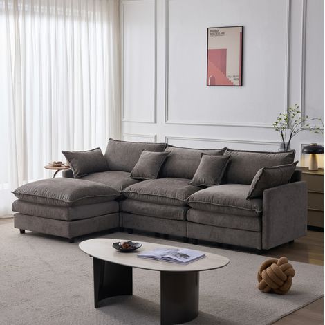 Canapé d’angle 3 places en chenille grise, modulable avec pouf mobile et housses amovibles (1/5)
