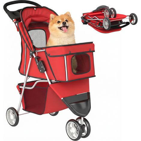 Poussette pour chien à 4 roues avec chariot pliable, auvent réglable et panier de rangement, transport pratique pour animaux de compagnie, 77 x 44 x 102 cm, rouge (1/5)