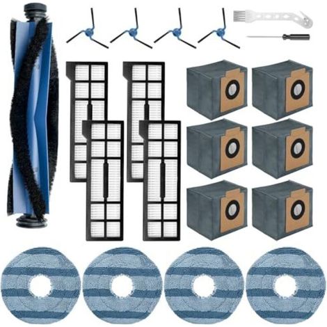 Kit de 21 pièces détachées compatible avec l'aspirateur Eufy X10 Pro Omni, comprenant : 1 brosse principale, 4 brosses latérales, 4 filtres HEPA, 4 lingettes de nettoyage, 6 sacs d'aspirateur, 1 bross