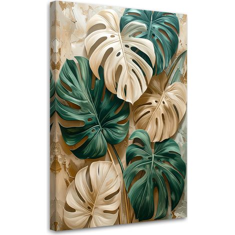 Stampe su Tela, Foglie esotiche di Monstera nelle tonalità del verde e del crema. - 40x60 (1/2)