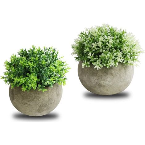 Lot de 2 boules semi-circulaires de bonsaï artificiel en pulpe de palmier, plantes vertes en pot, ornements blancs et verts, pour décoration de bureau. (1/5)