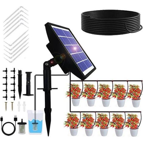 Système d'irrigation solaire avec minuterie – Arrosage goutte-à-goutte automatique de 15 m avec arrêt par siphon pour jardin, serre et potager (1/4)