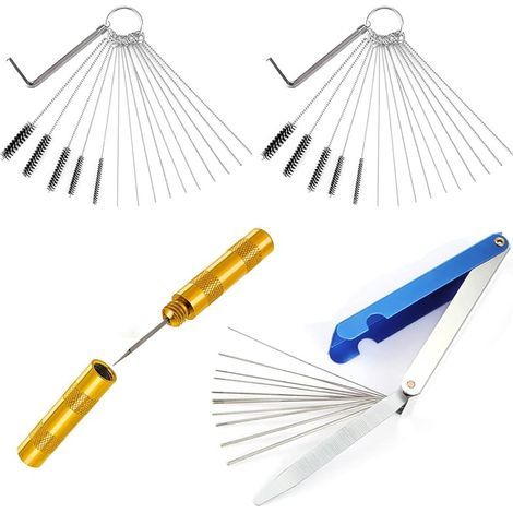 Set mit 4 Vergaserdüsenreinigungssets, bestehend aus 20 Reinigungsnadeln, 11 Nylonbürsten, 2 Gashebelschlüsseln, 1 spitzen Nadel, 1 Nadelset (1/5)