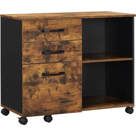 Mueble de almacenaje tipo taquilla de 3 cajones con aparador abierto compartimentos para documentos formato A4 soporte para impresora estilo industrial 80 cm marrón rústico y negro 120002403