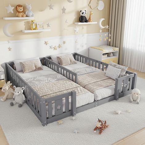 Letto in legno 140x190 cm, letto per bambini a 2 piazze con sponde decorate a stelle, senza rete a doghe inclusa - grigio