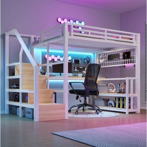 Hochbett 140x200 cm Weiß aus Metall mit Schreibtisch, Stauraumregal, Hängegitter, LED-Lichtleiste und USB-Anschlüssen (1/5)