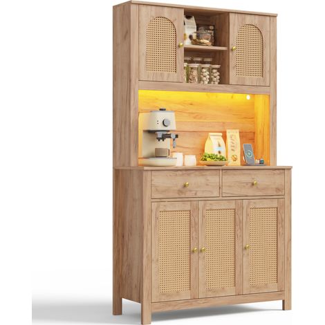 Credenza Alta da Cucina con 5 Ante in Rattan, 2 Cassetti, LED e Prese, in MDF Naturale, 100 x 40 x 180 cm (1/5)