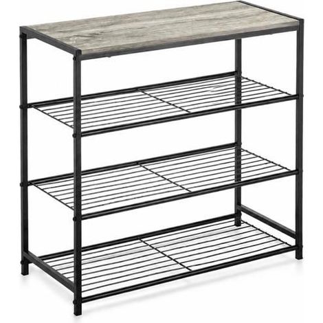 Étagère de rangement - JUANIO - L60 x P30 x H63,5 cm - 4 niveaux - métal noir - plateau effet bois (1/5)