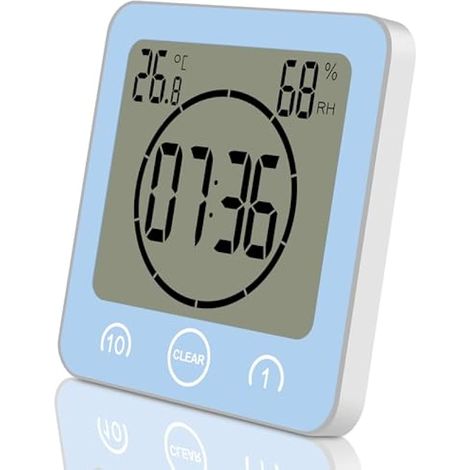 Horloge de douche numérique bleue, ventouse, étanche, grand écran, avec alarme, thermomètre, hygromètre, minuteur, fonctionne sur piles.
