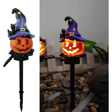 LED sorciers solaires citrouille lumière au sol, Halloween atmosphère extérieure lampe de décoration, mignon chapeau noir cour citrouille lumières chaudes (1/5)