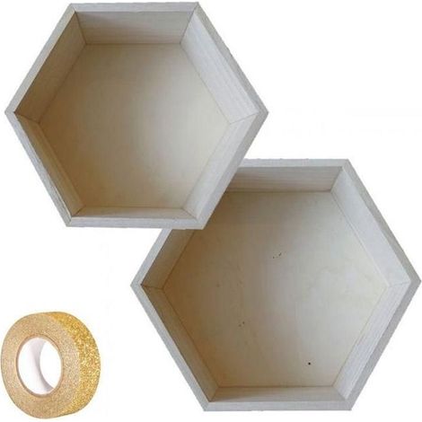 2 étagères hexagonales bois 24 x 21 cm et 27 x 23,5 cm + masking tape doré à paillettes 5 m