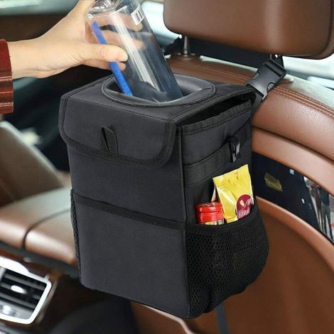 Poubelle de Voiture avec Couvercle Portable Pliables Sac de Rangement Voiture, et 3 Poches de Rangement Imperméable Multifonctionnel Mini Noir pour Voyage et Camping (1/5)