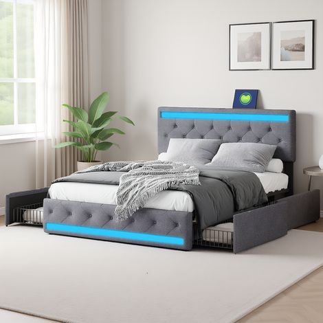 Polsterbett 140x200 cm, Doppelbett mit LED-Beleuchtung und USB-Ladestation, Modernes Jugendbett mit verstellbarem Kopfteil, Bettgestell mit Lattenrost, Leinen Dunkelgrau, Ohne Matratze