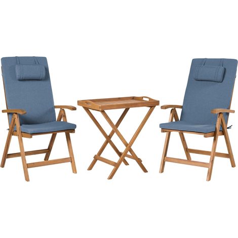 Garden Bistro Set Acacia Wood Table 2 Chairs with Blue Cushions UV Resistant Foldable JAVA PREMIUIM