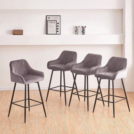 Jymtom – Ensemble de 4 tabourets de bar en velours gris – Hauteur d'assise 71.5 cm – Accoudoirs et repose-pieds réglables – Pour cuisine, salon, bar (1/5)
