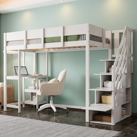 Lit superposé multifonctionnel, rangement, lit mezzanine 90x200 cm, blanc, cadre de lit en bois, pin, sommier à lattes, lit pour enfants, adolescents (1/5)