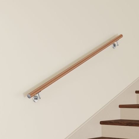 Main Courante Murale pour Escalier en Inox 304 Design bois naturel - Rampe Escalier 180 cm avec Supports Fixation et Embouts Inclus