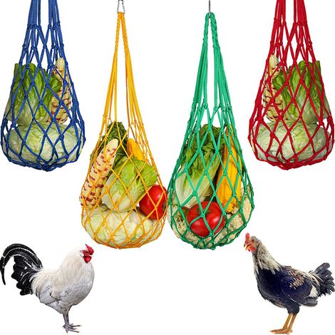 Lot de 4 mangeoires suspendues pour poules, distributeur de nourriture pour poules avec corde en filet. Mangeoires suspendues pour volailles, poules, canards (vert, jaune, rouge, bleu) (1/4)