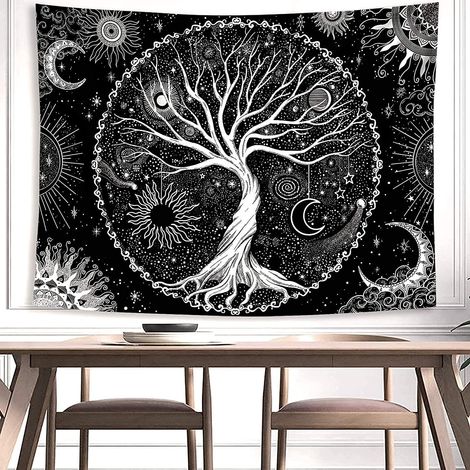 Arbre de Vie Tapisserie Lune et Soleil Noir Tenture Murale Tapisserie Psychédélique Mandala Étoilé Tapisserie Murale Hippie Mur Art Décor pour Chambre Dortoir Fête (130x150cm)une pièce (1/5)