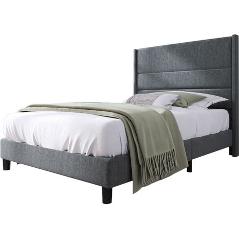 Lit Simple 1 Place, Cadre de Lit avec Tête de Lit Rembourrée, 90×200 cm, sans Matelas, en Lin, Gris Foncé (1/5)