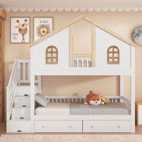 Lit superposé enfant 90x200 cm design maison avec escalier rangement, grands tiroirs, barrières de sécurité, Bois Blanc et Naturel (1/5)