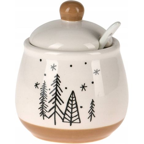 Zuccheriera in ceramica bianca con coperchio e cucchiaino, decorazione natalizia, 11,5 x 9,7 cm (1/3)