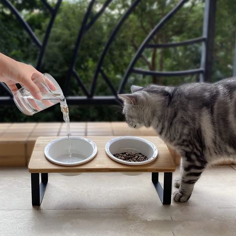 Chat d'intérieur anti - vomissements 15 ° incliné haut pied chat bol 2 13cm diamètre bol en céramique bol alimentaire pour les jeunes chats support de bol (couleur bois) (1/5)