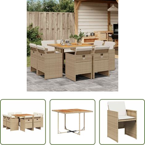 vidaXL Table de jardin - Ensemble à manger de jardin et coussins 9 pcs beige Poly rotin (1/5)