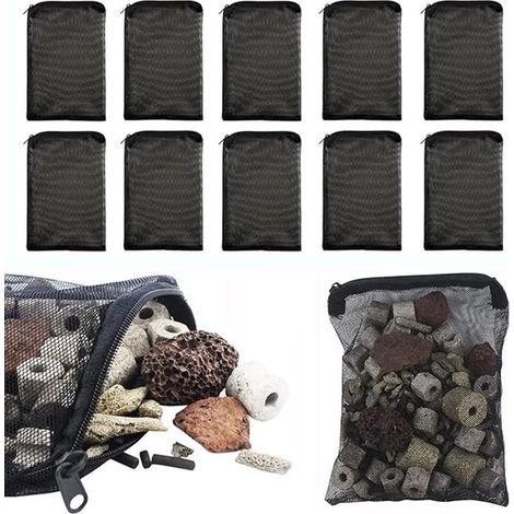 Bolsas de filtro para acuario, 10 unidades, 30 cm x 20 cm, Reutilizables, Aptas para carbón activado, biosferas y anillos cerámicos, Negras (1/5)