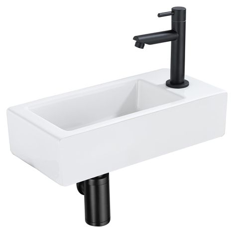 FugaFlow Efficiente Ensemble de fontaine Pietra - 37,5x18,5x9cm - céramique - trou de robinet à droite - robinet de fontaine noir mat - bouchon de (1/5)